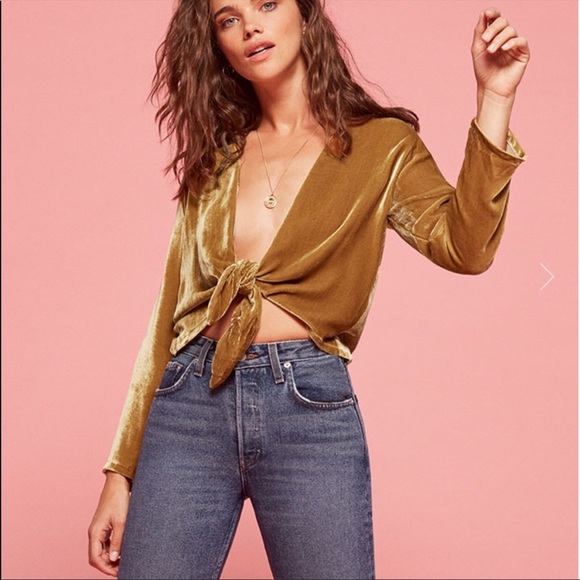 Reformation Tops - Reformation gold crop front tie long sleeve velvet